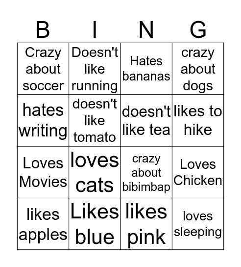 likes/dislikes Bingo Card