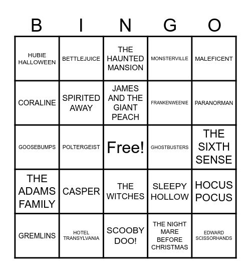 Halloween Movie Night Bingo Card