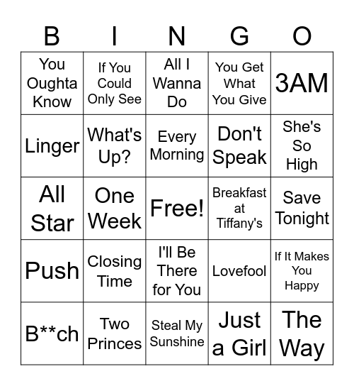 90's Pop Rock Bingo Card