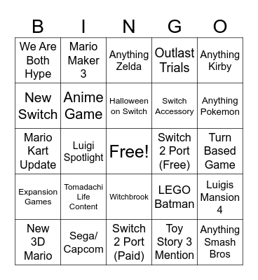 Nintendo Direct Bingo Card