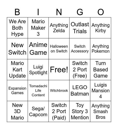 Nintendo Direct Bingo Card