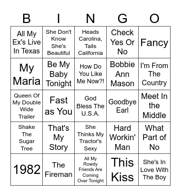Country 80's & 90's Bingo Card