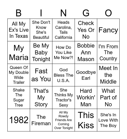 Country 80's & 90's Bingo Card