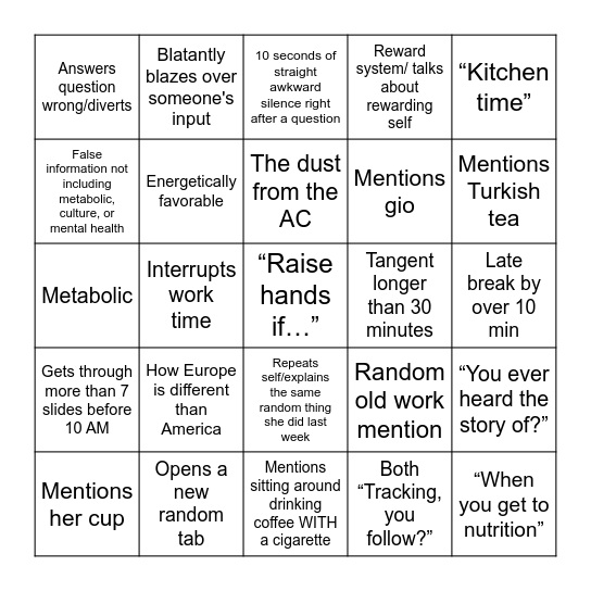 Chef Cassandra Bingo Card