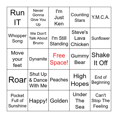 Pop Music Bingo Card