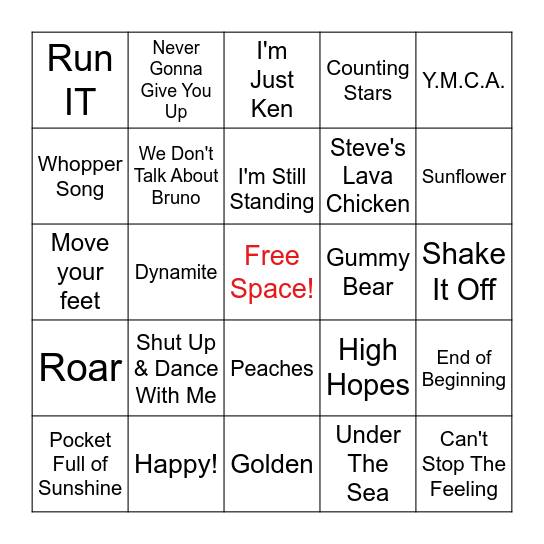 Pop Music Bingo Card