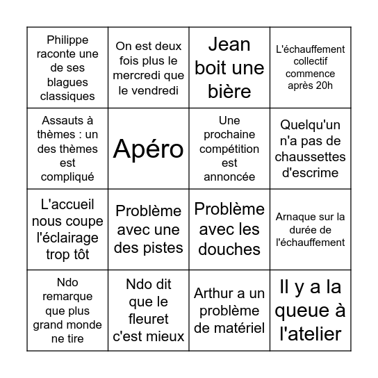 Bingo du groupe d'épée du Stade Clermontois Bingo Card