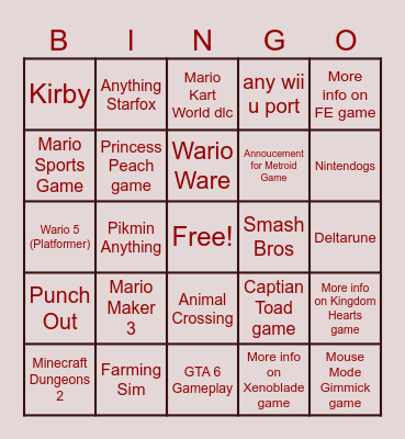 Nintend Direct Bingo Card