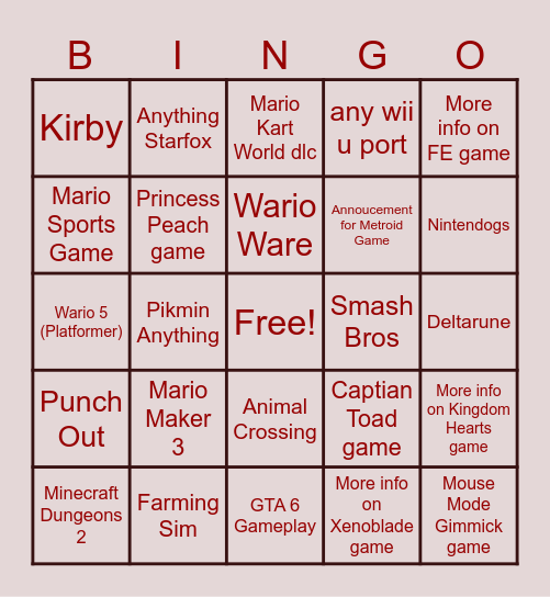 Nintend Direct Bingo Card