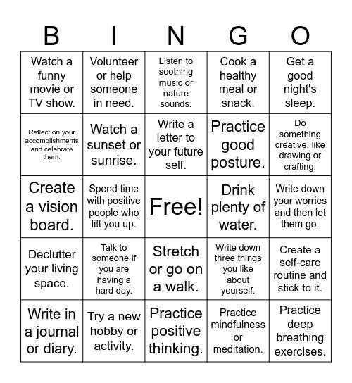 Student Self-Care Bingo Card