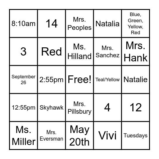 MTA Bingo Card