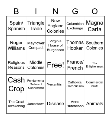 Colonization/ 13 Colonies Bingo Card