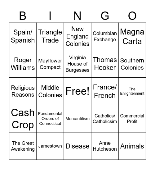 Colonization/ 13 Colonies Bingo Card