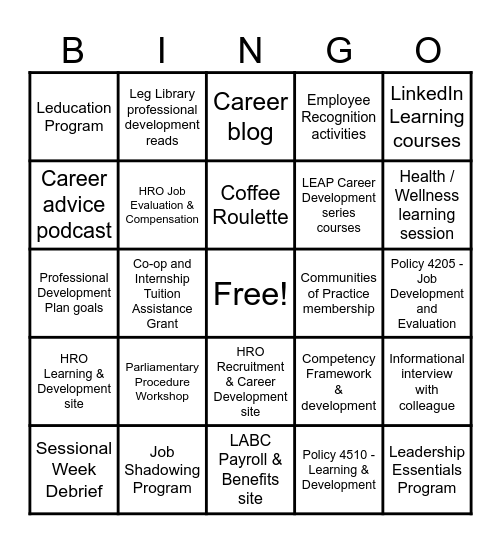 Career Development Bingo Card