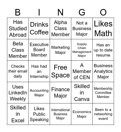 Alpha Kappa Psi Recruitment Bingo Card