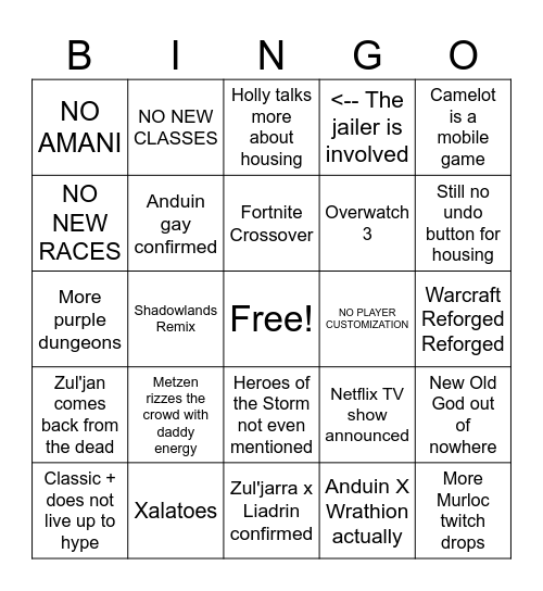 Blizzcon Binger Bingo Card