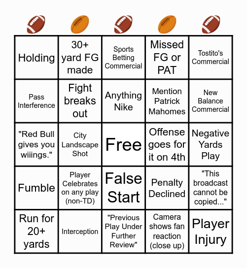 NFL Bingo Card