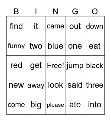 Sight Words Bingo Card