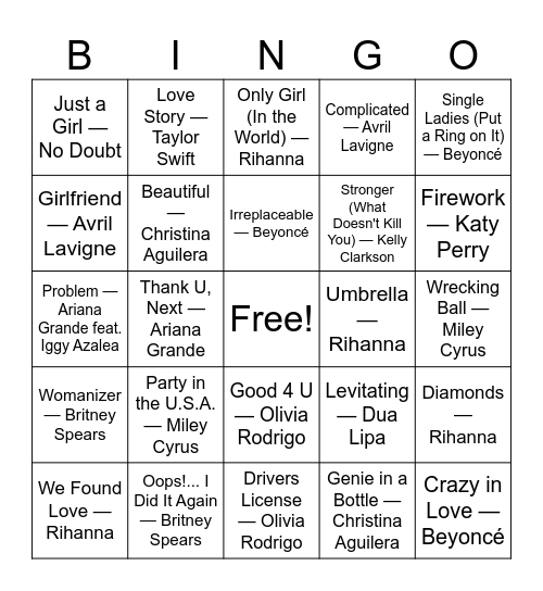 Girl Power: Female Pop Stars Bingo Card