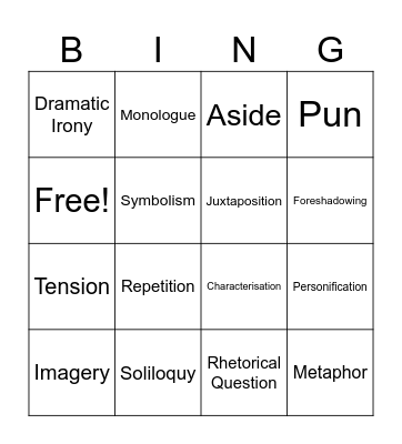 Language/Dramatic Techniques Bingo Card