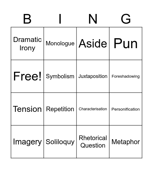 Language/Dramatic Techniques Bingo Card