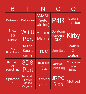 NINTENDO DIRECT Bingo Card