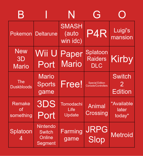 NINTENDO DIRECT Bingo Card