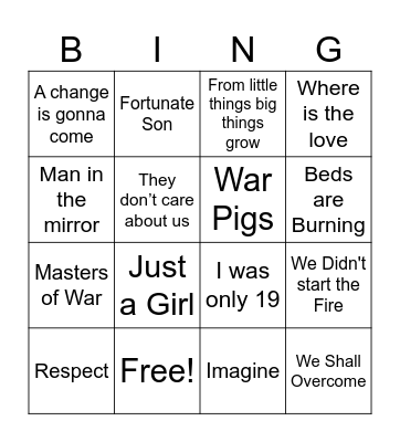 Songs that were inspired by Social Movements Bingo Card