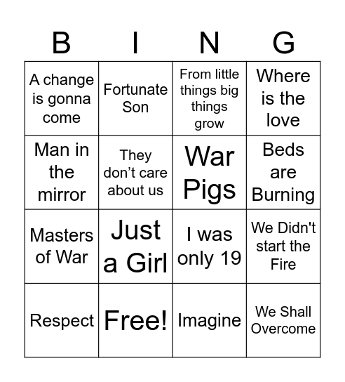 Songs that were inspired by Social Movements Bingo Card