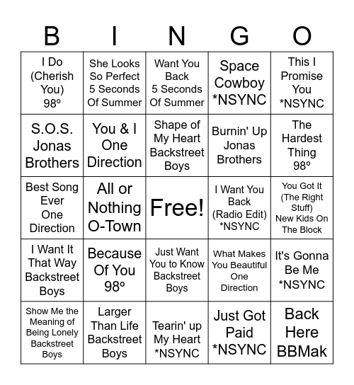 Battle of the Boy Bands Bingo Card