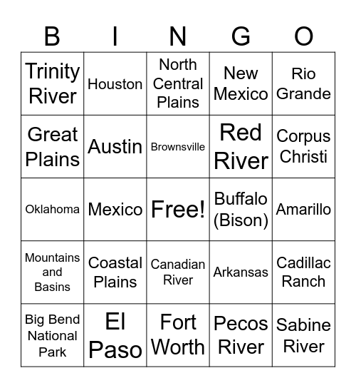 TEXAS GEOGRAPHY TRIVIA Bingo Card