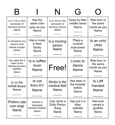 KANS Mingle Bingo -  find someone who: Bingo Card