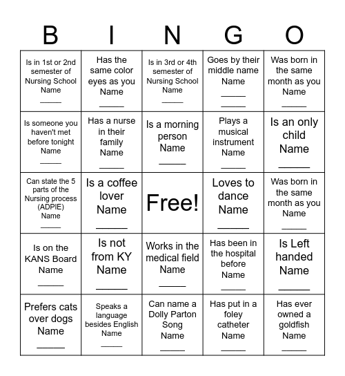KANS Mingle Bingo -  find someone who: Bingo Card
