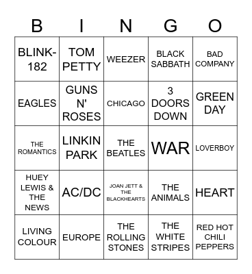 GREATEST ROCK SONGS Bingo Card