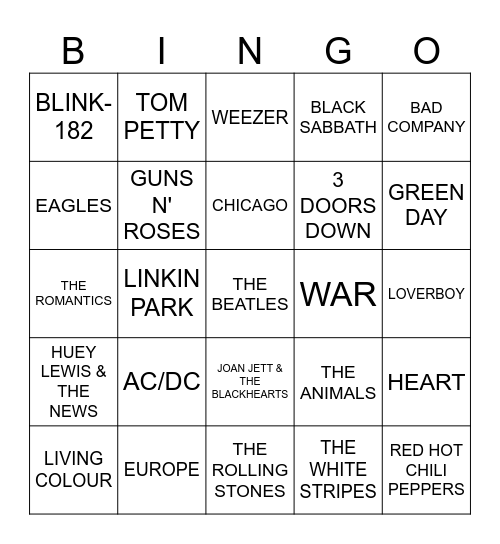 GREATEST ROCK SONGS Bingo Card