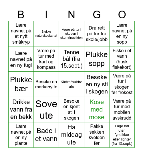 Friluftsbingo fra Skogglede Bingo Card