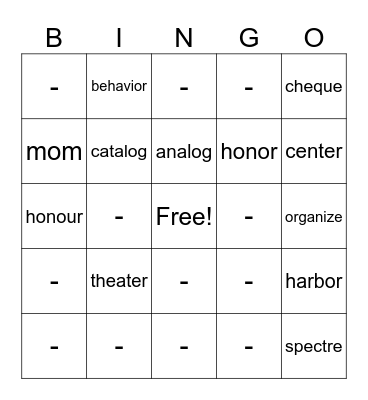 American vs. British spelling Bingo Card