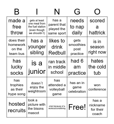 Student Athlete Bingo Card