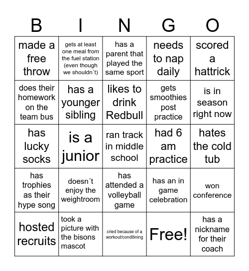 Student Athlete Bingo Card