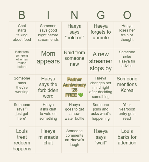 Haeya Partner Anniversary 2026 Bingo Card