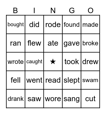 Past Tense Irregular Verbs Bingo Card
