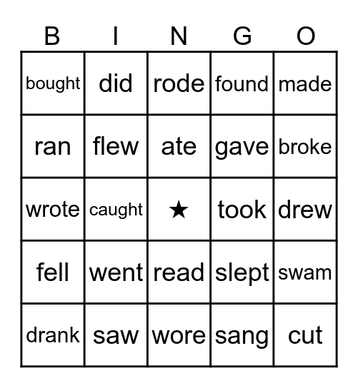 Past Tense Irregular Verbs Bingo Card