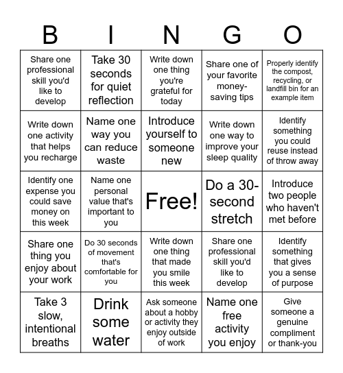 Wellness Bingo Card