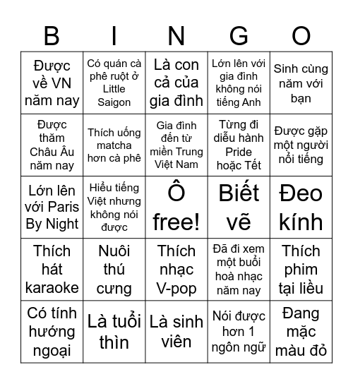 Tiếng Việt Café Bingo Card