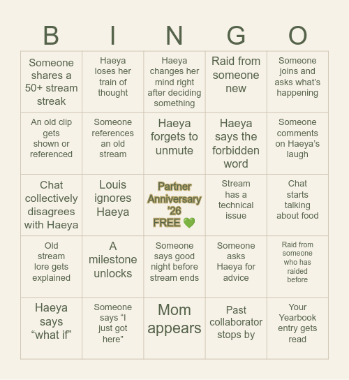 Haeya Partner Anniversary 2026 Bingo Card
