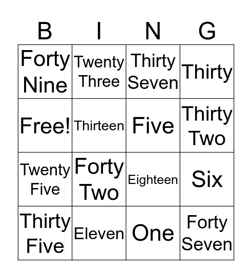 Zero to Fifty Bingo Card