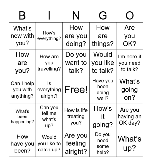 Ways to Ask R U OK? Bingo Card