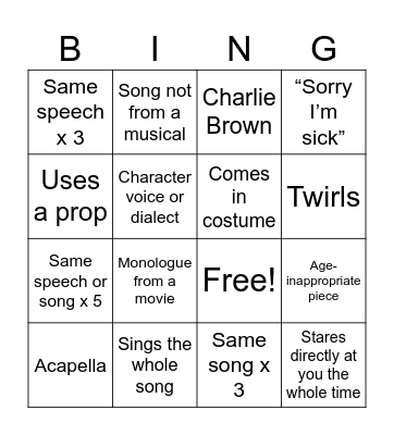 Audition Bingo Card