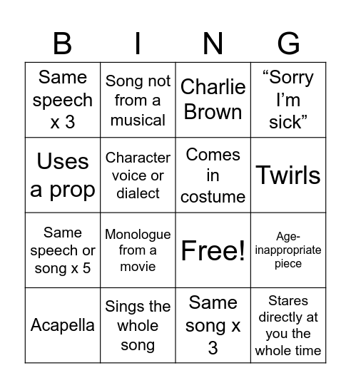 Audition Bingo Card