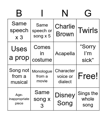 Audition Bingo Card